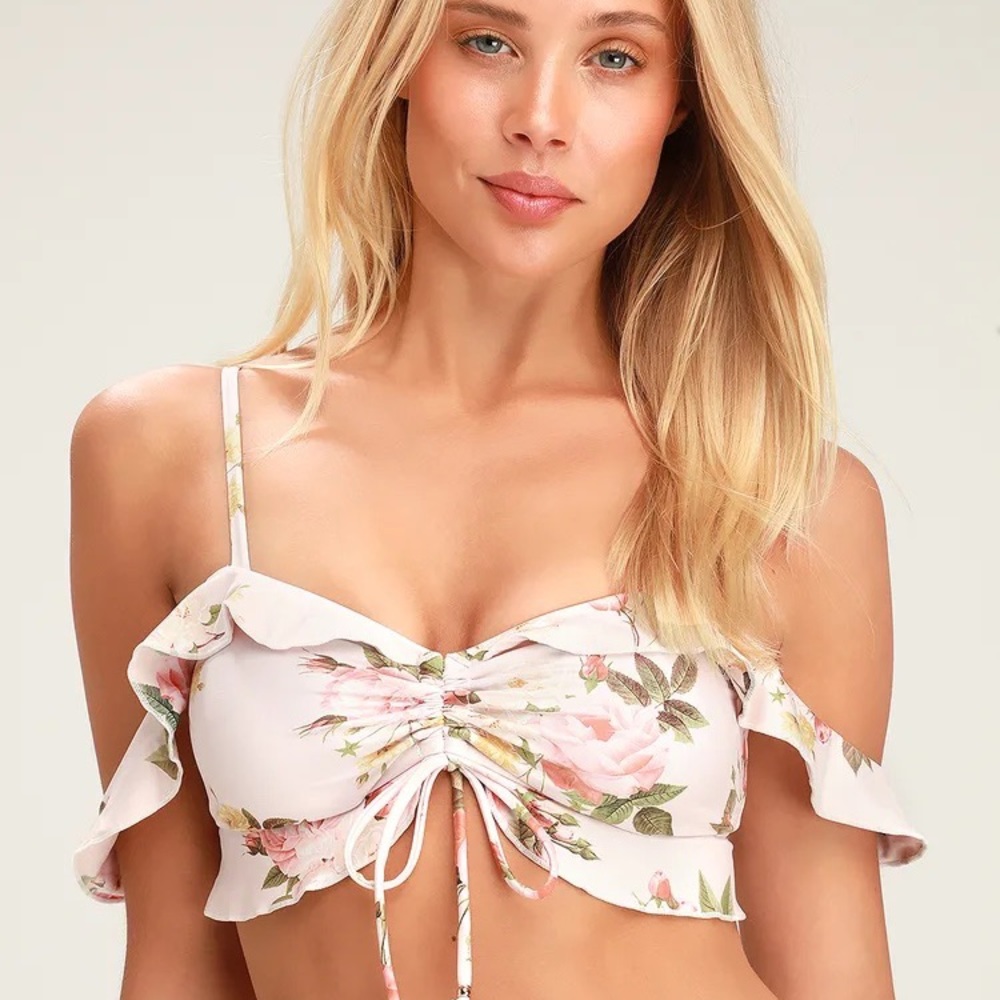 Brigitte Blush Floral Print Ruffled Bikini Top NWOT